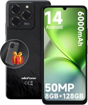 Ulefone Note 20 Pro kártyafüggetlen mobiltelefon, Android 14 operációs rendszer, Akár 8 GB RAM + 128 GB ROM, 1 TB bővítőkártya, 6,75” HD+ 90Hz kijelző, 6000mAh akkumulátor, 50MP fő kamera, Octa Core 4G Dual SIM telefon, fekete
