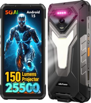 Ulefone Armor 34 Pro 5G Strapabíró Okostelefon 150 Lumenes Projektorral, 32GB+512GB ROM/2TB, 25500mAh 66W, Android 15, 6.95" 120Hz, 64MP+50MP+50MP 32MP, 1100LM LED Fény/Vízálló/NFC/Dual 5G/Widevine L1