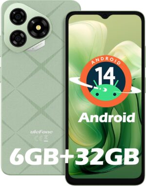 Ulefone Note 19 kártyafüggetlen mobiltelefon, Android 14 Go okostelefon, nyolcmagos, 6GB+32GB (512GB bővíthető), 6,56” HD+, 8MP+5MP, 5000mAh, globális 4G LTE, 3 kártyanyílás/arcfelismerő feloldás/GPS - zöld